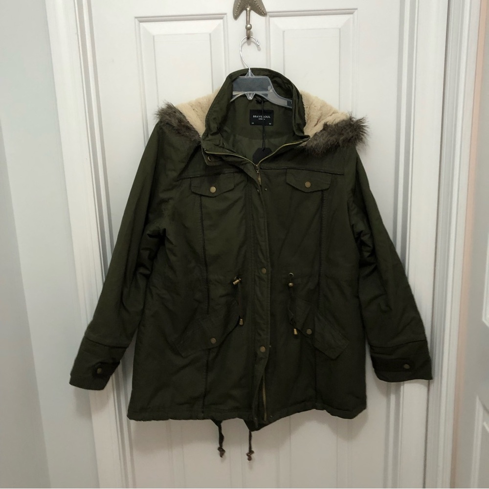 Brave Soul Olive Green Parka with Faux Fur Hood